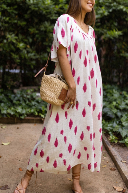 V-neck Large Cuffs Printed Loose Long Dress