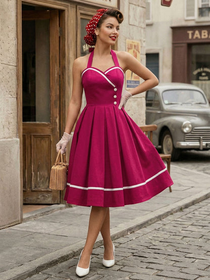 Retro Glamour Dress 1950s Style Burgundy Layered Buttons Sleeveless Sweetheart Neck Swing Dress