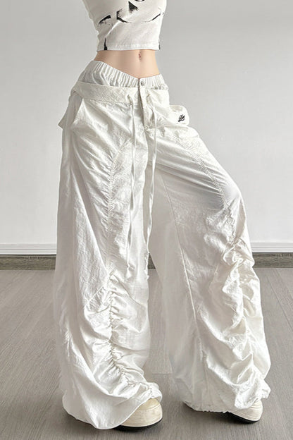 White Drawstring Wide-Leg Cargo Pant