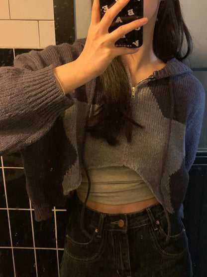 Contrast Color Star Hooded Crop Cardigan
