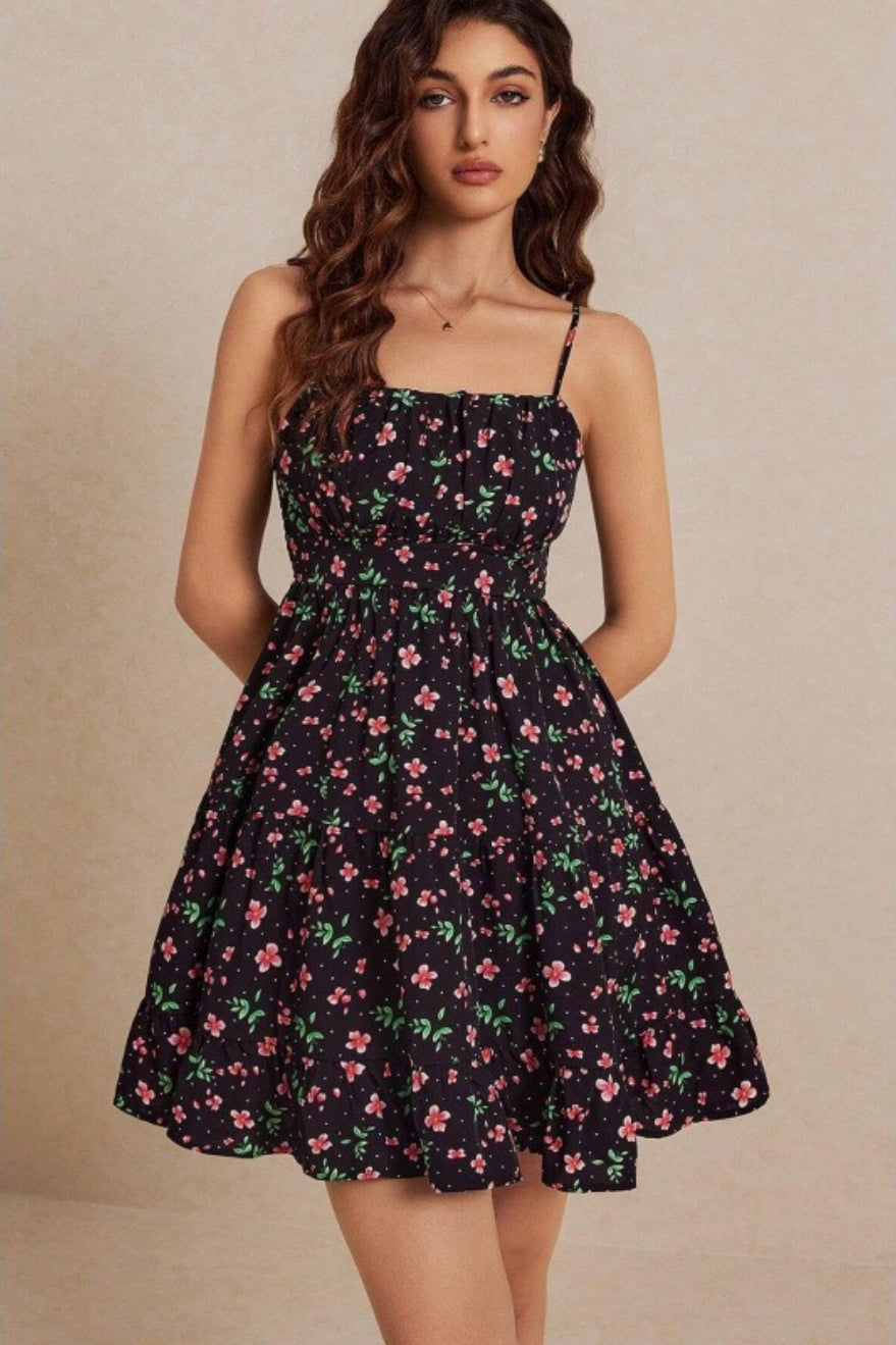 Floral Smocked Spaghetti Strap Mini Dress