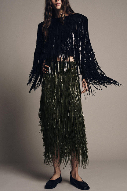 Party Crasher Layered Sequined Tassels High Rise Back Zipper Midi Skirt