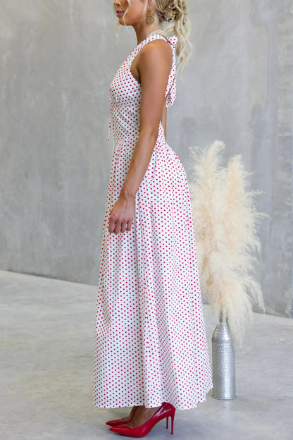 Polka Dot Print Halter Neck Fitted Waist Holiday Maxi Dress
