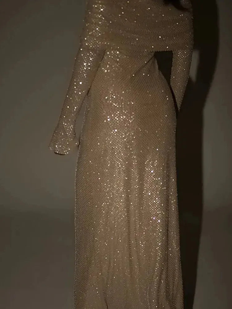 Off Shoulder Strapless Sparkle Backless Long Flare Maxi Dress