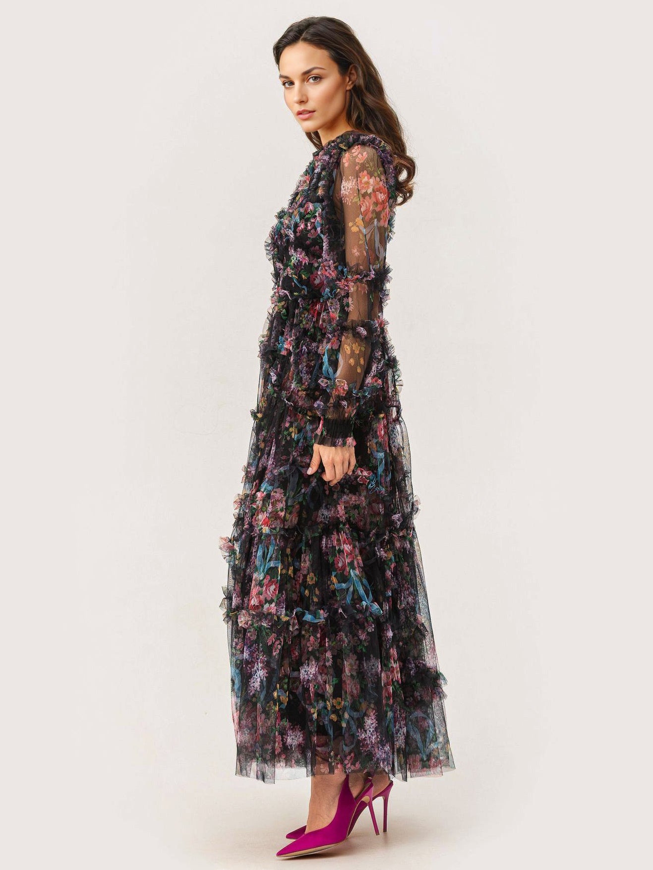 Party Dress Ruffles Layered Illusion Sleeves Elegant Folklore Long Dress