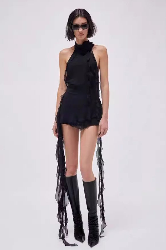 Asymmetric Rose Halter  Mini Dress