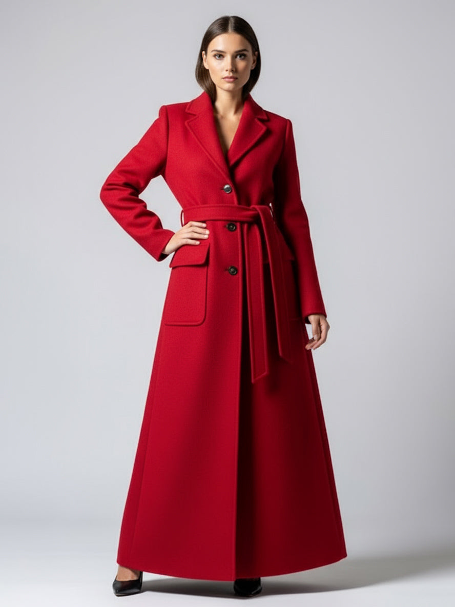 Belted Full Length Maxi Woolen Coat With Lapel And Big Pockets For Women 2026