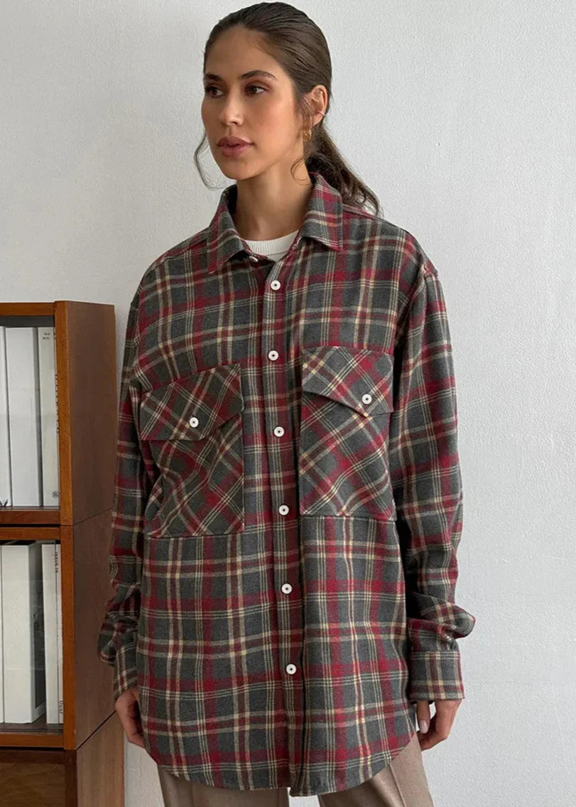 Retro Plaid Women's Shirt - Minimalist Long Sleeve