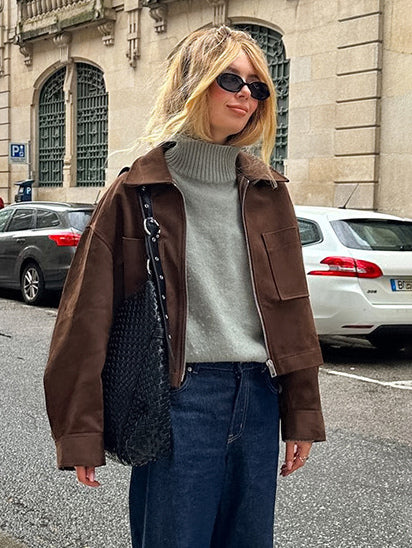 Brown Suede Cropped Zip-up Jacket With Pockets For Women 2026