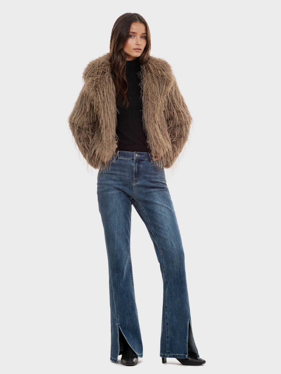 Faux Fur Coats Apricot Long Sleeves Faux Fur Jacket Winter Coat
