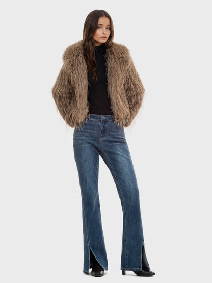 Faux Fur Coats Apricot Long Sleeves Faux Fur Jacket Winter Coat