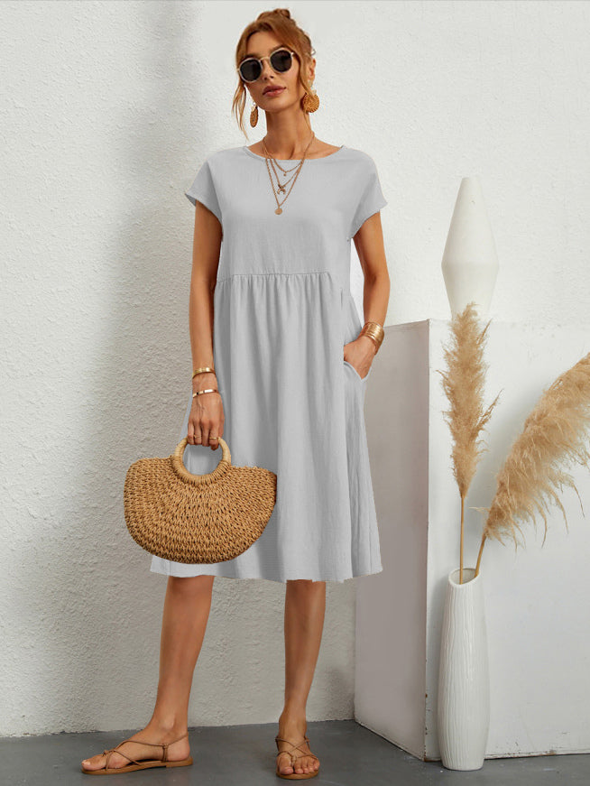 Short Sleeves Midi Shift Dress for Women - Minimalist Solid Color Loose T-shirt Dress with Pockets - Summer Daily Casual 2026