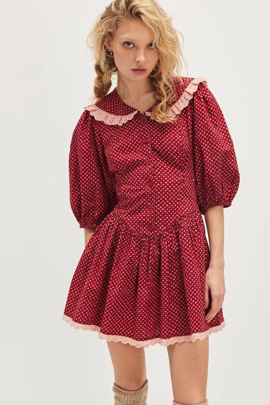 Ditsy Floral Peter Pan Collar Puff Sleeve Button Front Mini Dress