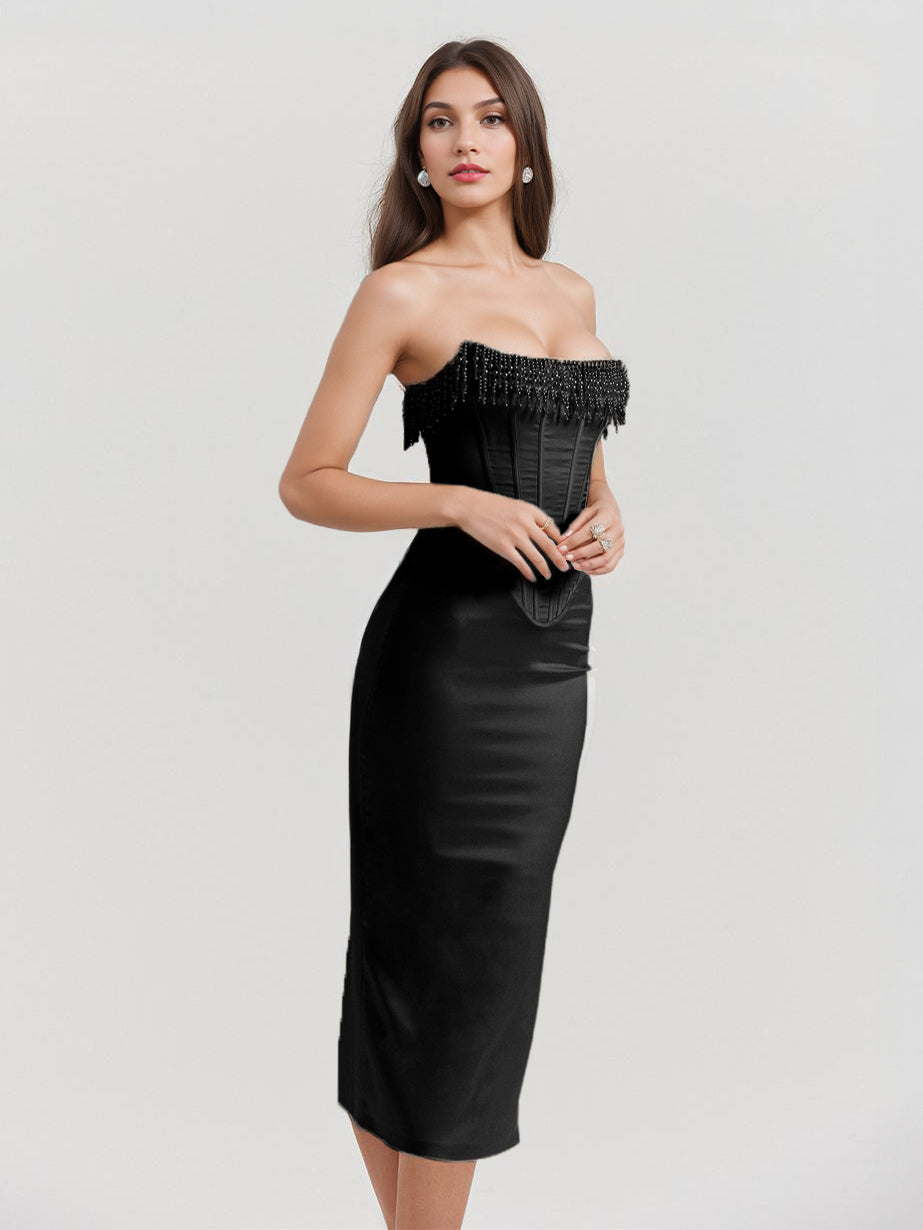 Corset Dress Fringe Pleated Lace-up Back Prom Birthday Party Midi Dresses