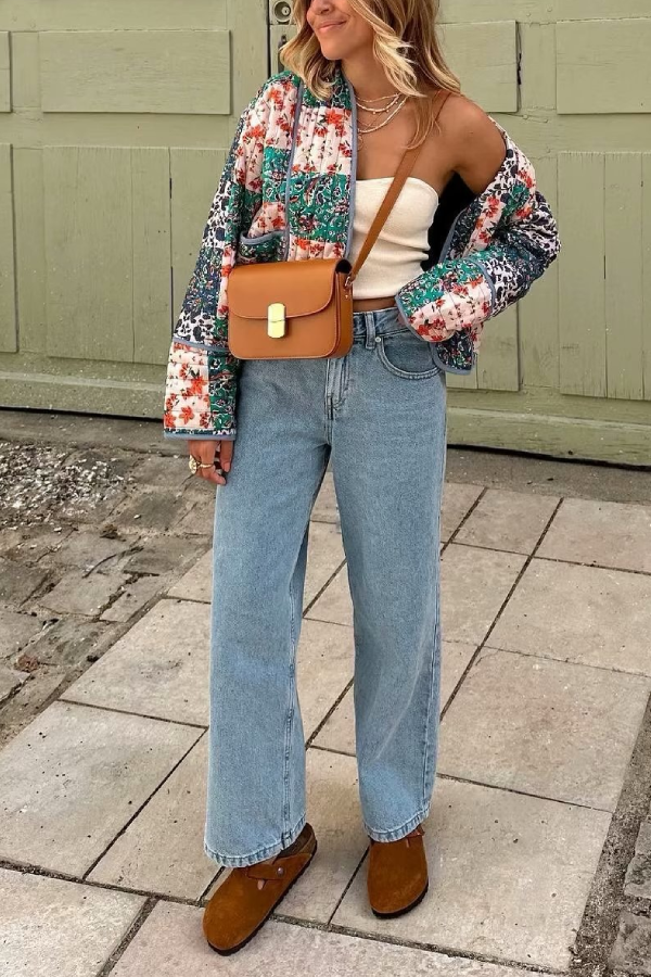 Fashion Printed Loose Casual Cardigan Short Quilted Cotton Jacket