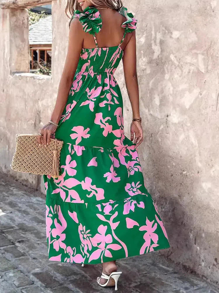 V neck Pleated Ruffle Swimsuit & Skirt Coord Set