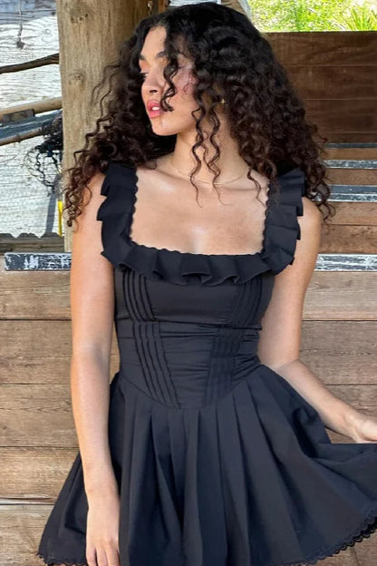 Square Neck Ruffle Trim Corset Bodice Pleated Scalloped Hem Mini Dress