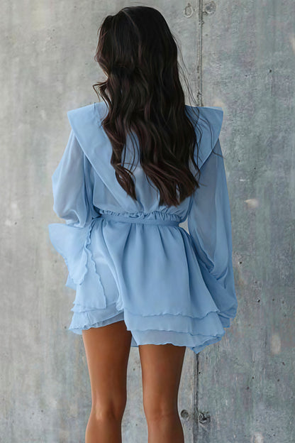 Tie Neck Sheer Mesh Bishop Sleeve Tiered Ruffle Mini Dress
