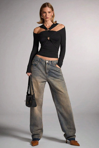Black Off Shoulder Bodycon Blouse