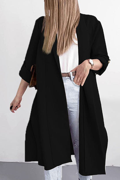 Solid Lapel 3/4 Sleeve Slit Cardigan