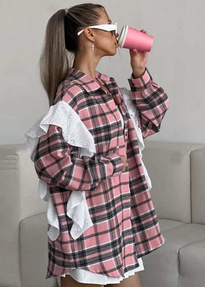 Ainsley Plaid Poplin Shirt - Pink Ruffle Accent Button-Up
