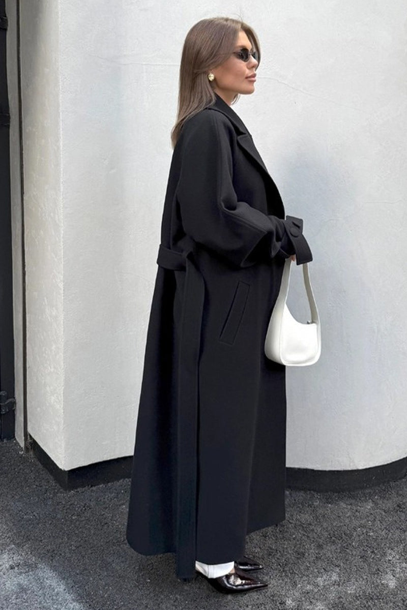 Extra-Long Wool Tie-Waist Loose Overcoat