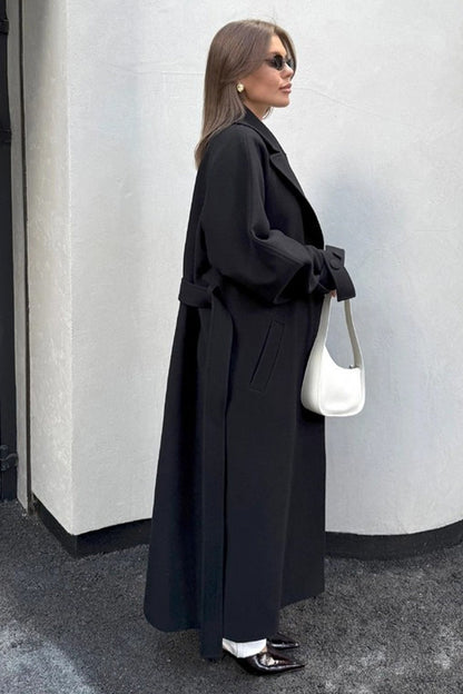Extra-Long Wool Tie-Waist Loose Overcoat