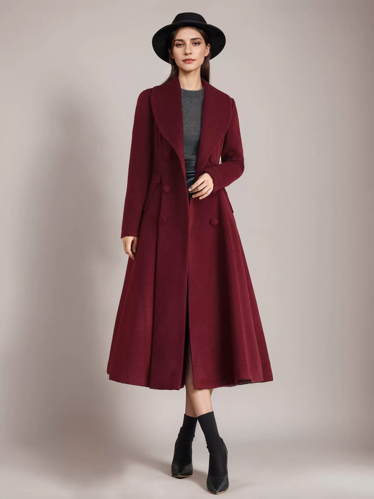 Burgundy Woolen Flared Coat Vintage Shawl Collar Double-breasted Winter A-line Outerwear For Women 2026