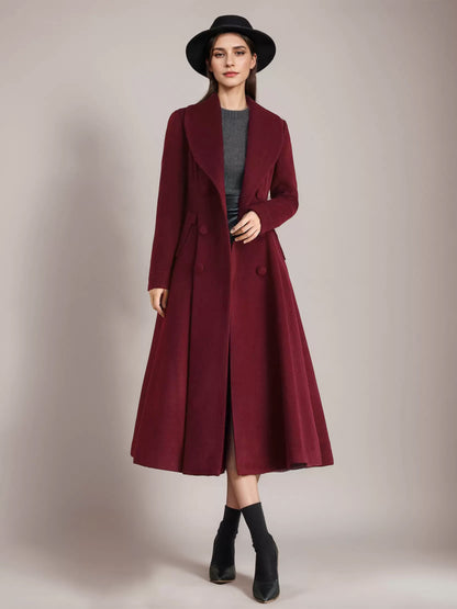 Burgundy Woolen Flared Coat Vintage Shawl Collar Double-breasted Winter A-line Outerwear For Women 2026