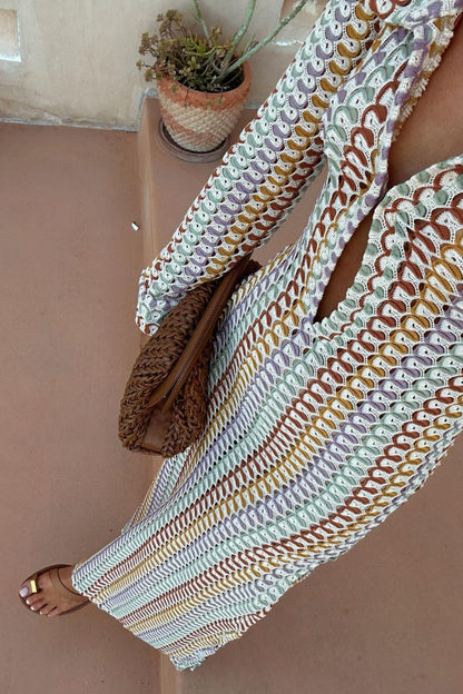 Handmade crocheted hollow low-cut V-neck slit long dress