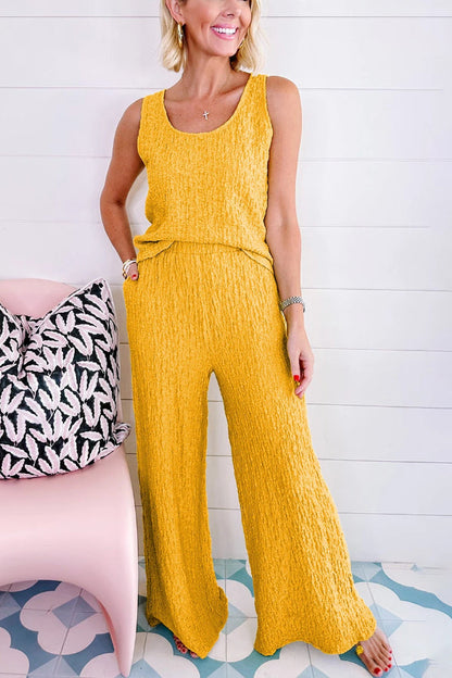 Yellow Crinkled U Neck Tank and Wide Leg Pants Set