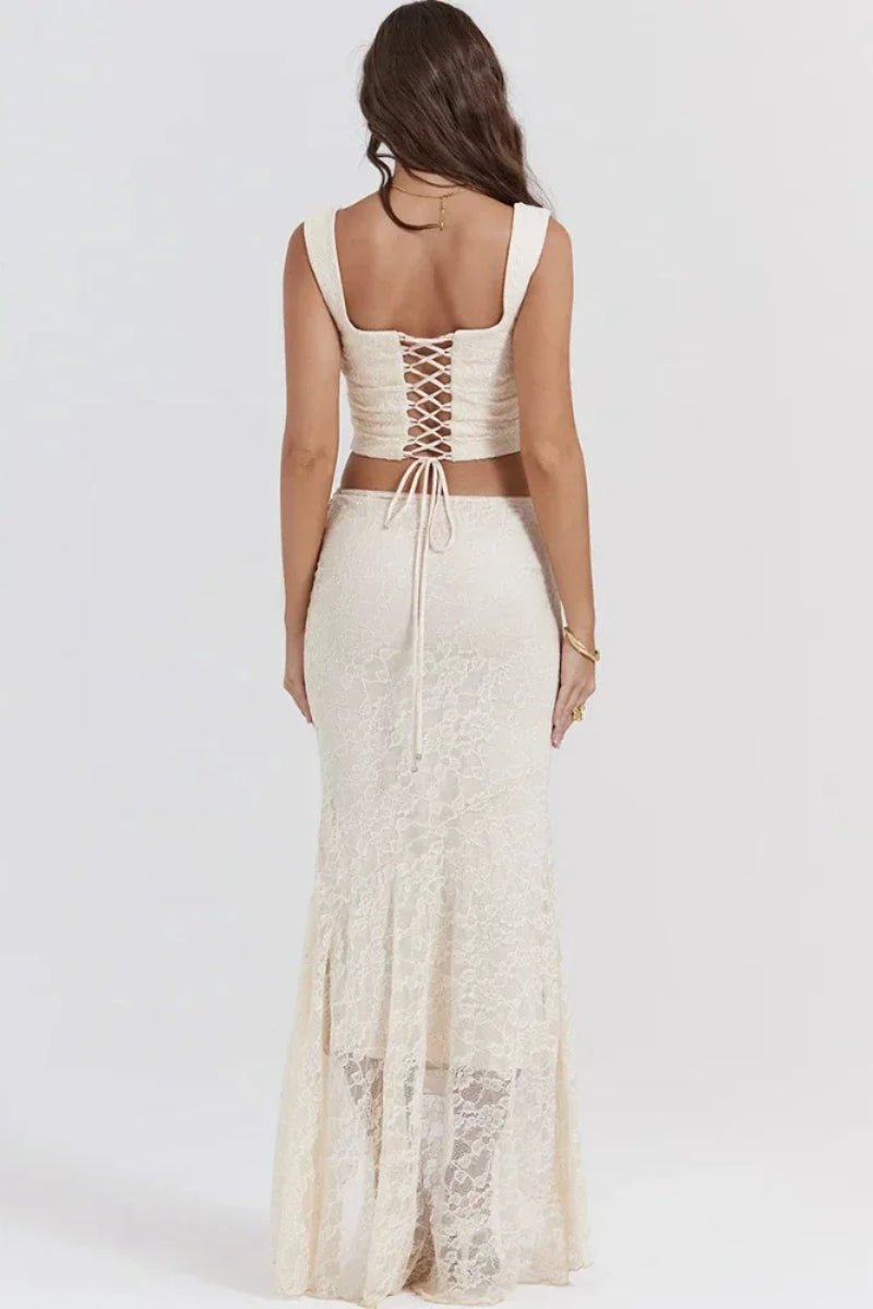 Elegant Lace-Up Crop Top & Maxi Skirt Boho Dress