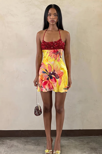 Sequin Bodice Halter Neck Abstract Floral Print Mini Dress