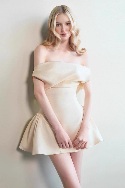 Asymmetric Drape Neck One Sleeve Pleated Bubble Hem Mini Dress
