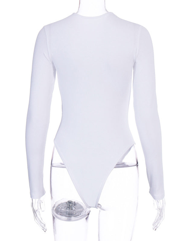 Bodysuit Light Apricot Long Sleeves Piping Stretch Notched Neckline Sexy Cotton Top For Women