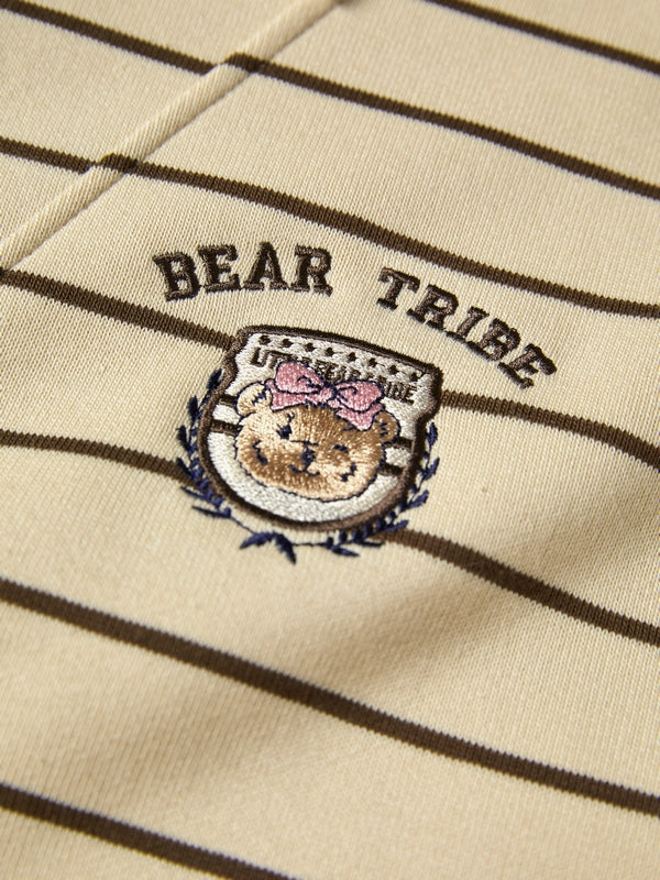 Stripe Print Bear Embroidery Shirt Neck Oversized Hoodie