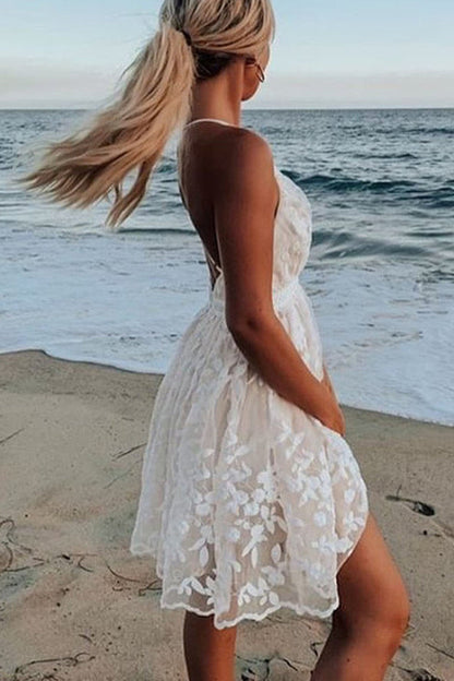 Lace Trim V-Neck Backless Dress