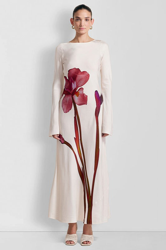 Elegant Long Sleeve Floral Print Backless Maxi Dress