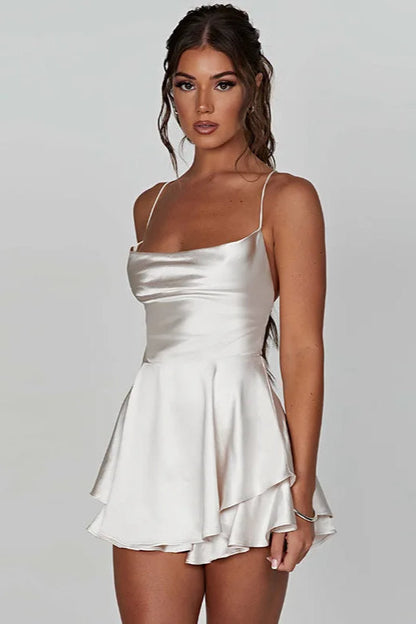 Satin Cowl Neck Spaghetti Strap Tiered Ruffle Hem Mini Dress