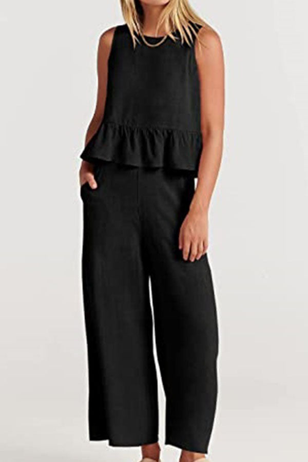 Sleeveless pleated vest wide-leg cropped pants casual suit