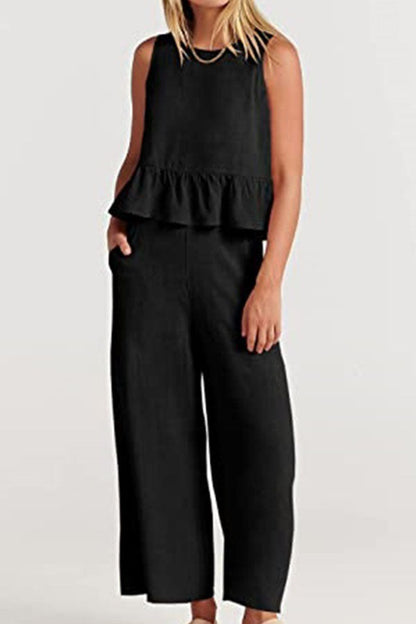 Sleeveless pleated vest wide-leg cropped pants casual suit