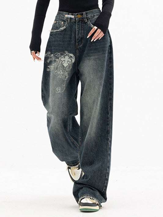 Dark Wash Print Vintage Baggy Boyfriend Jeans