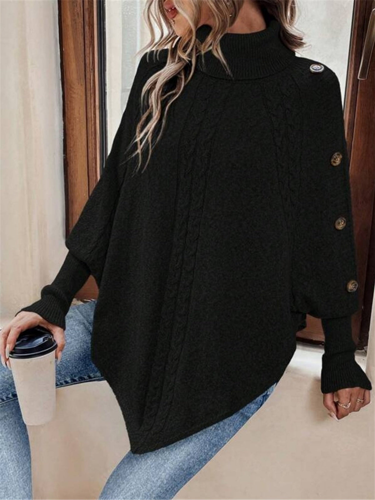 Turtleneck Buttons Batwing Shirt Cable Knit Sweater