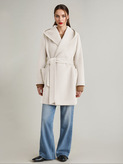 Wool Cashmere Blend Coat With Hood Camel Belted Double-Faced Short Wrap Coat For Women 2026