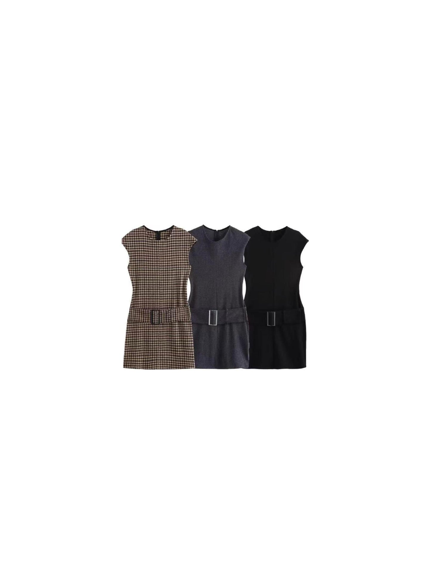 Striped/ Plain/ Chequered Print Short Belt Sleeveless Dress