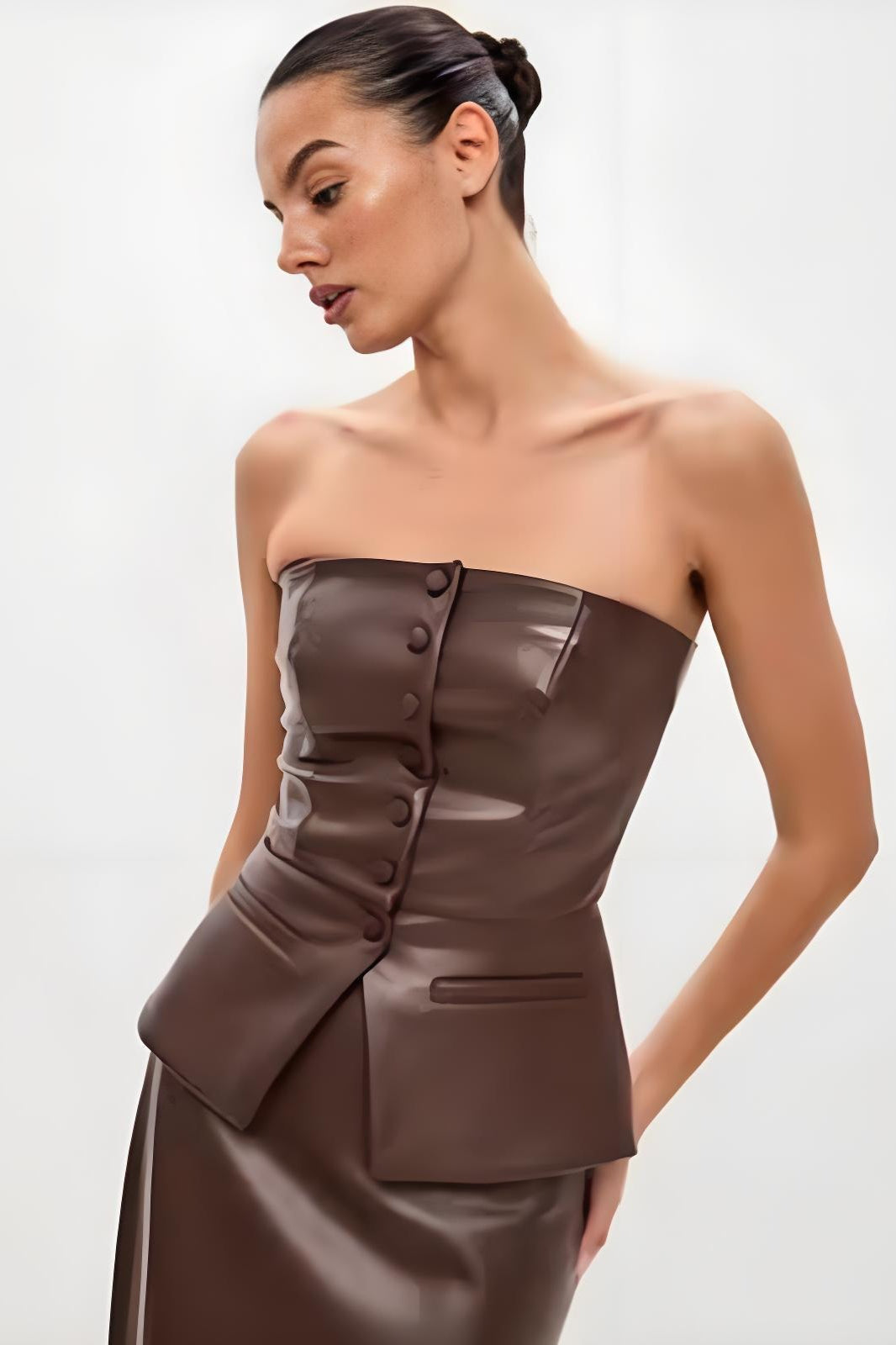 PU Leather Single Breasted Strapless Bustier Tank Top