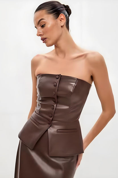 PU Leather Single Breasted Strapless Bustier Tank Top