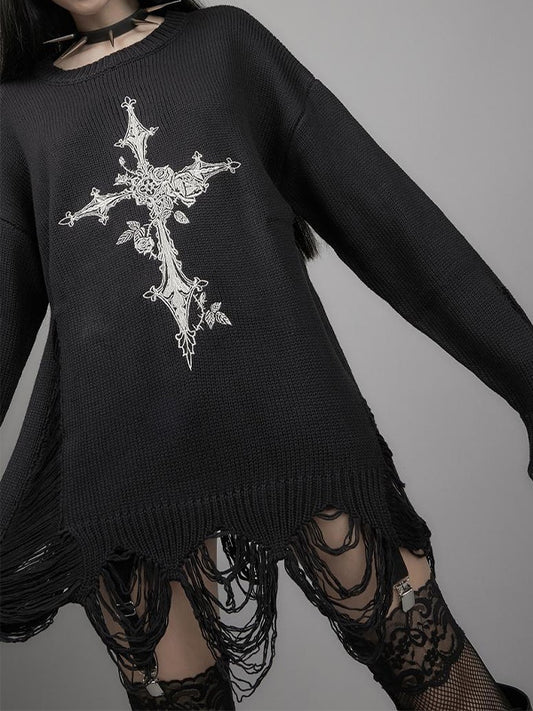Cross Print Cutout Tattered Design Sweater