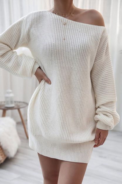 Boat Neck Off Shoulder Oversized Balloon Sleeve Ribbed Knit Mini Sweater Dress