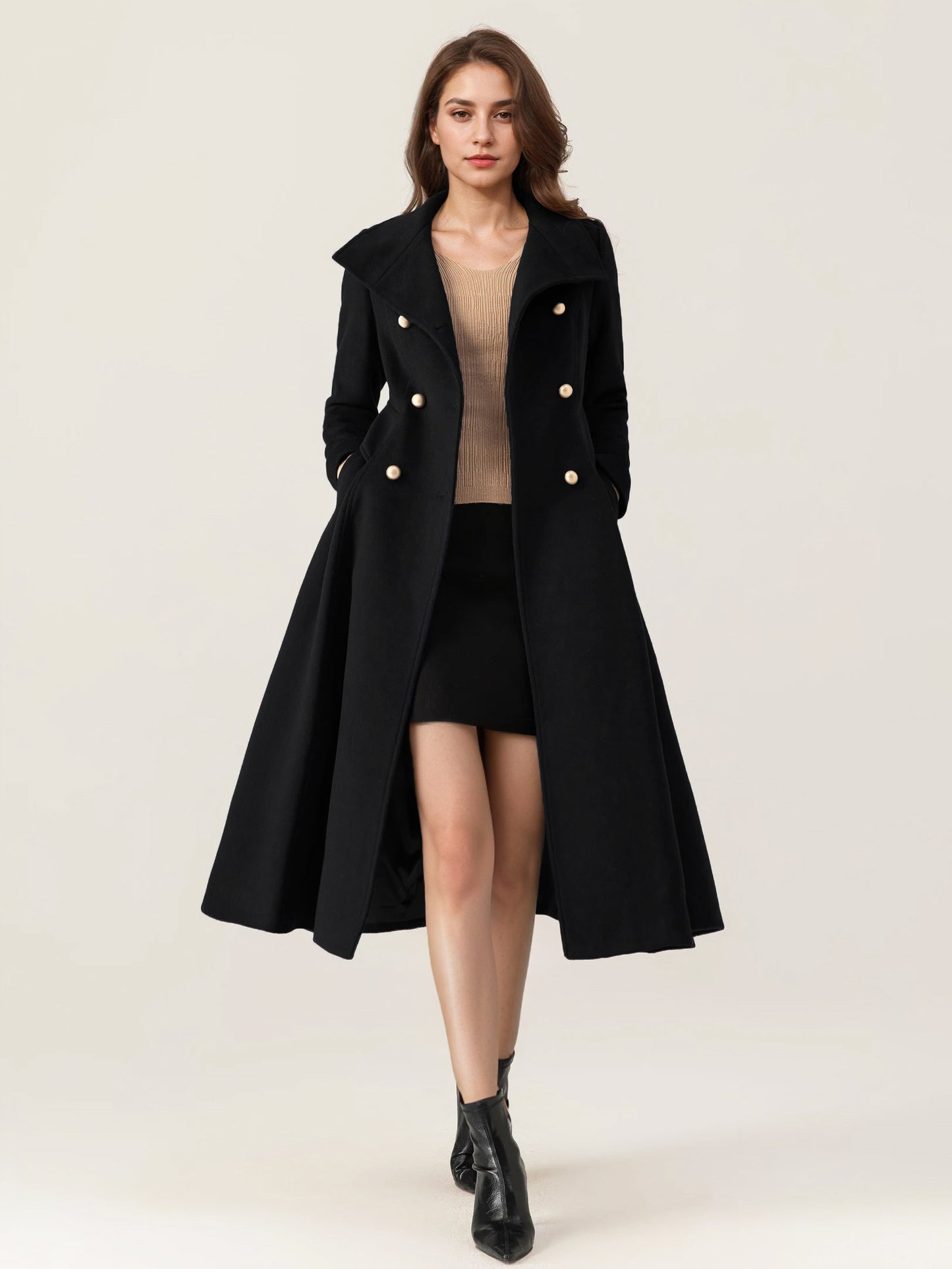 Woolen Flared Coat For Woman Stand Collar Dark Navy Vintage Double-breasted Winter Midi Outerwear 2026